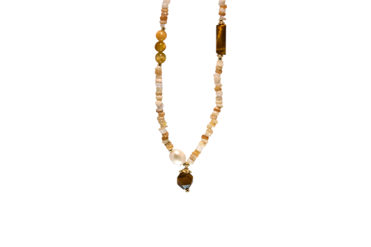 Rihuang – Tiger Eye, Pearl & Carved Shell Necklace