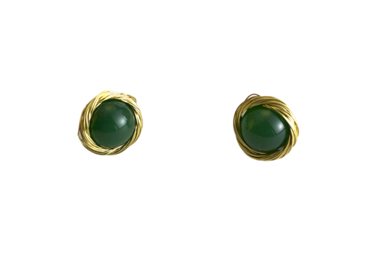 Golden Nest – Green Agate Stud Earrings