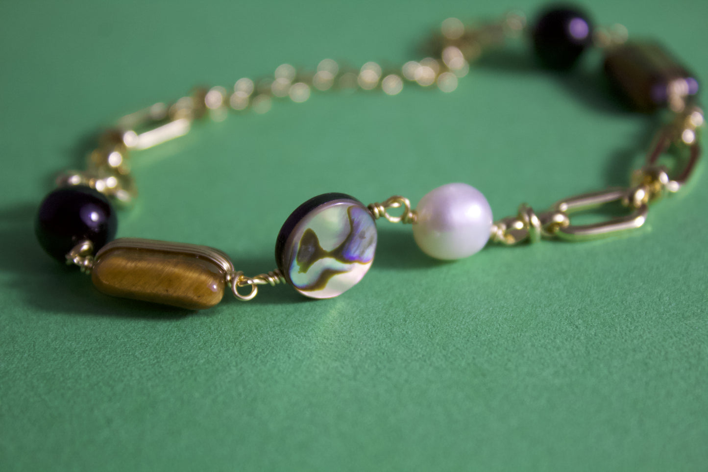 "TingXue" - Tiger’s Eye, Obsidian, Abalone Shell & Pearl Chain-Link Bracelet