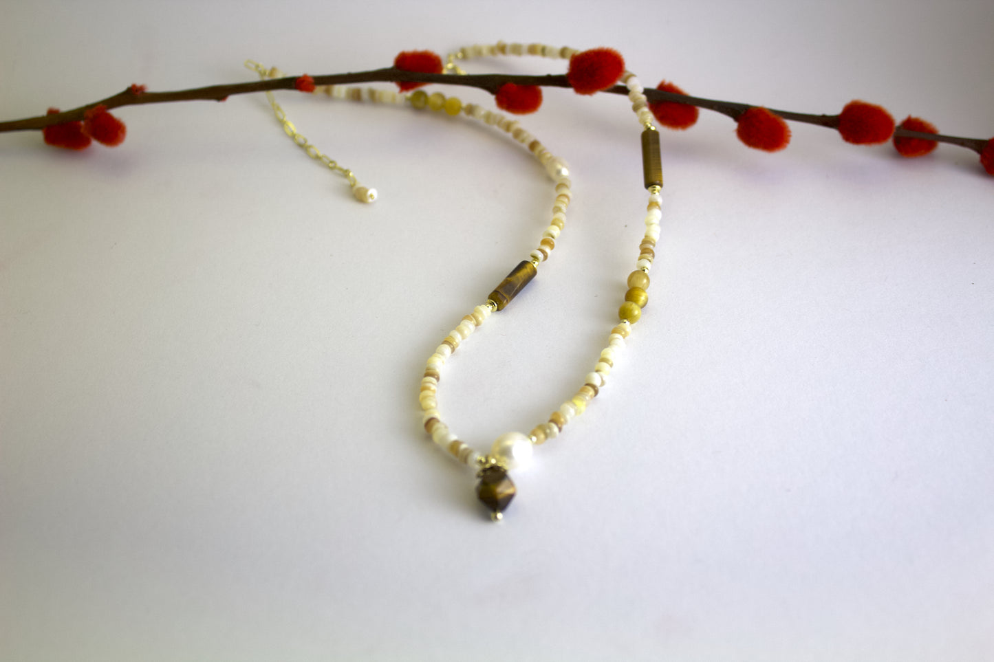 Rihuang – Tiger Eye, Pearl & Carved Shell Necklace