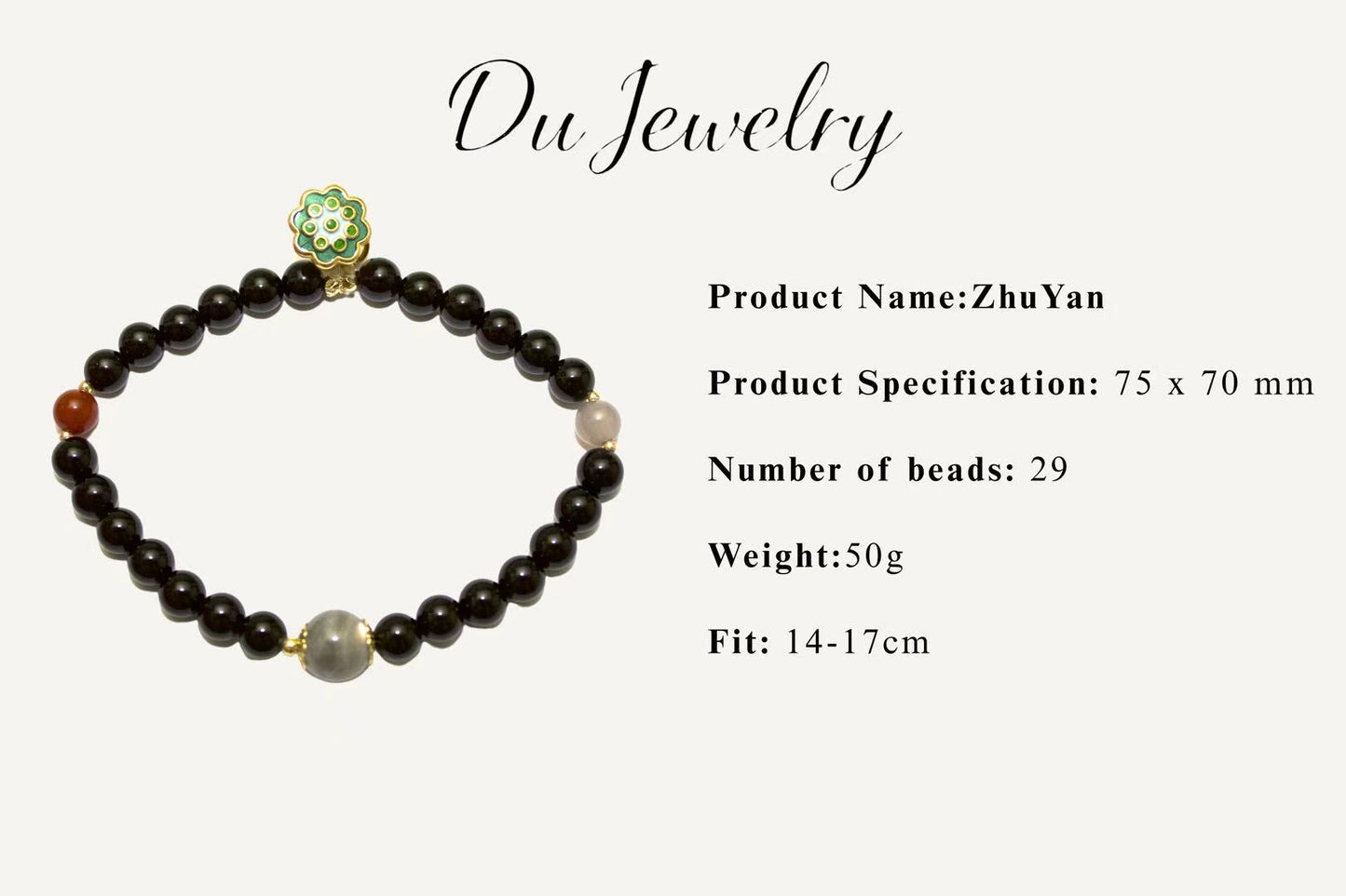 ”Mo Hui“ - Black Onyx, Grey Monnstone & Red agate Beaded Bracelet