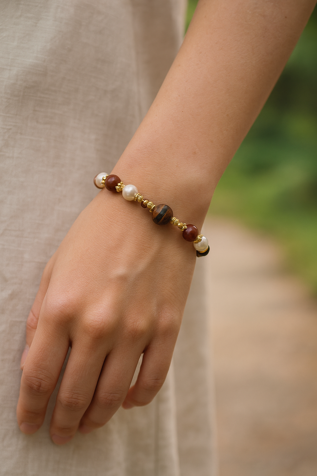 "Yixian" - Natural Agate, Single-line stone,Freshwater Pearl Bracelet