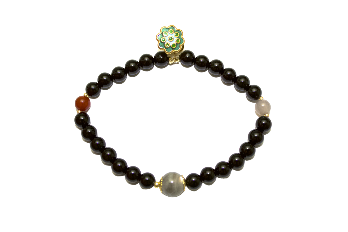 ”Mo Hui“ - Black Onyx, Grey Monnstone & Red agate Beaded Bracelet