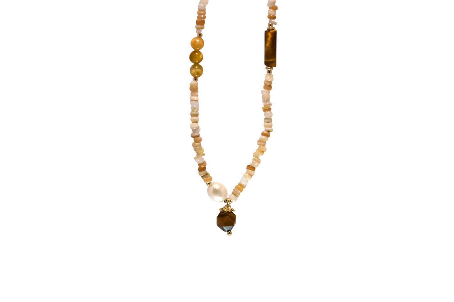 Rihuang – Tiger Eye, Pearl & Carved Shell Necklace