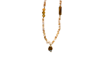 Rihuang – Tiger Eye, Pearl & Carved Shell Necklace
