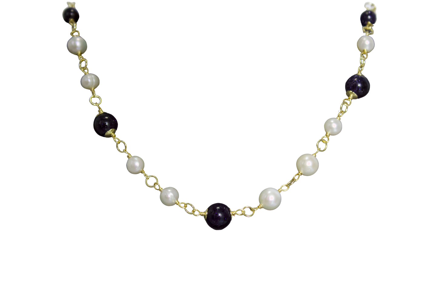 Zhenhei – Blue Goldstone (Synthetic Gemstone) & Baroque Pearl Necklace