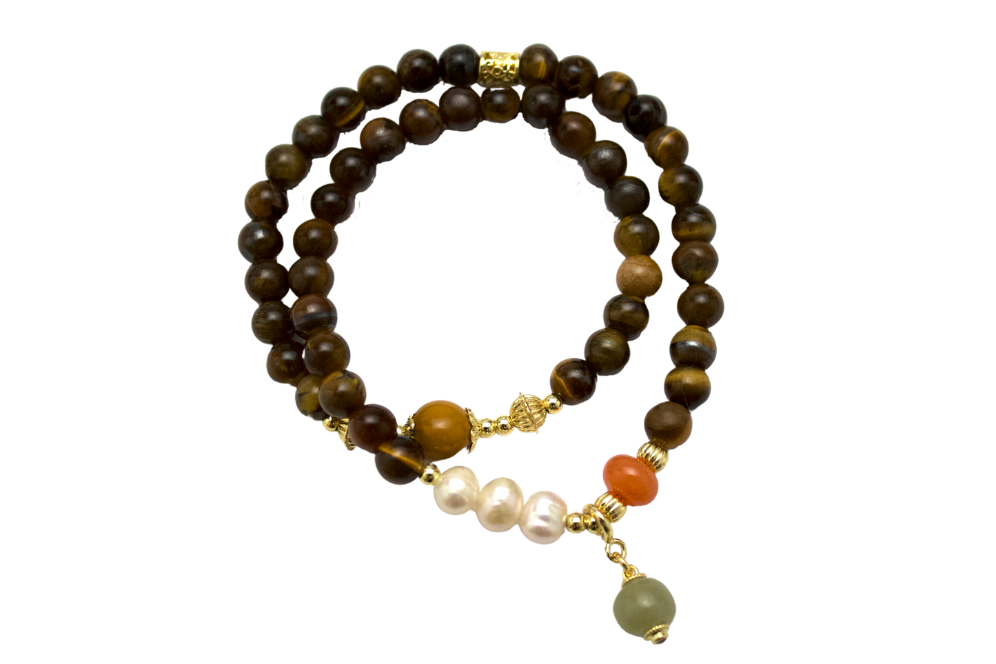 "GuiXun" - Tiger’s Eye, Pearl & Hetian Jade Double-Strand Bracelet