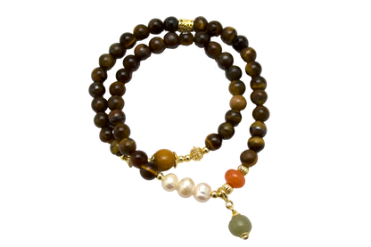 "GuiXun" - Tiger’s Eye, Pearl & Hetian Jade Double-Strand Bracelet