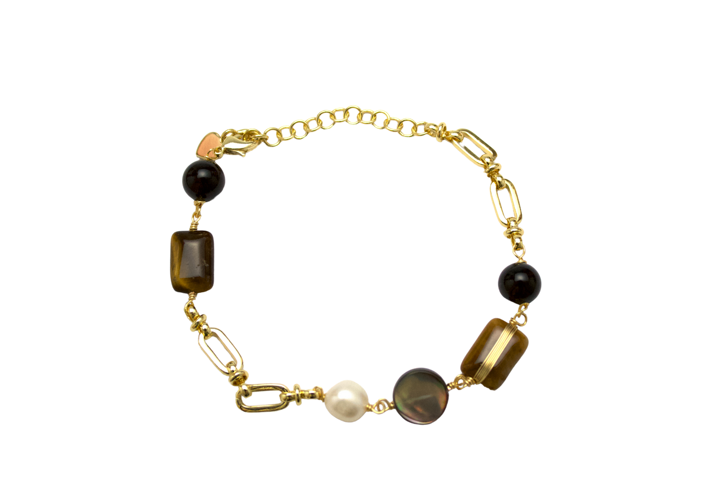 "TingXue" - Tiger’s Eye, Obsidian, Abalone Shell & Pearl Chain-Link Bracelet
