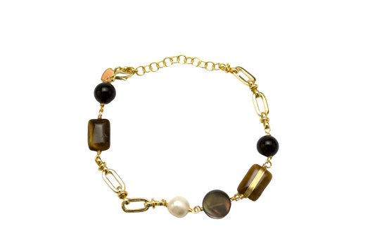 "TingXue" - Tiger’s Eye, Obsidian, Abalone Shell & Pearl Chain-Link Bracelet