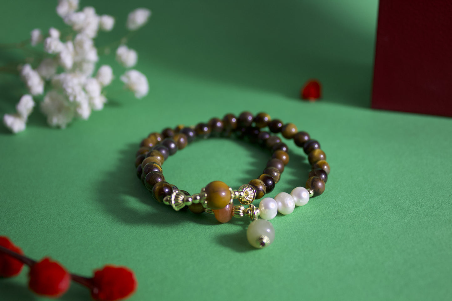 "GuiXun" - Tiger’s Eye, Pearl & Hetian Jade Double-Strand Bracelet