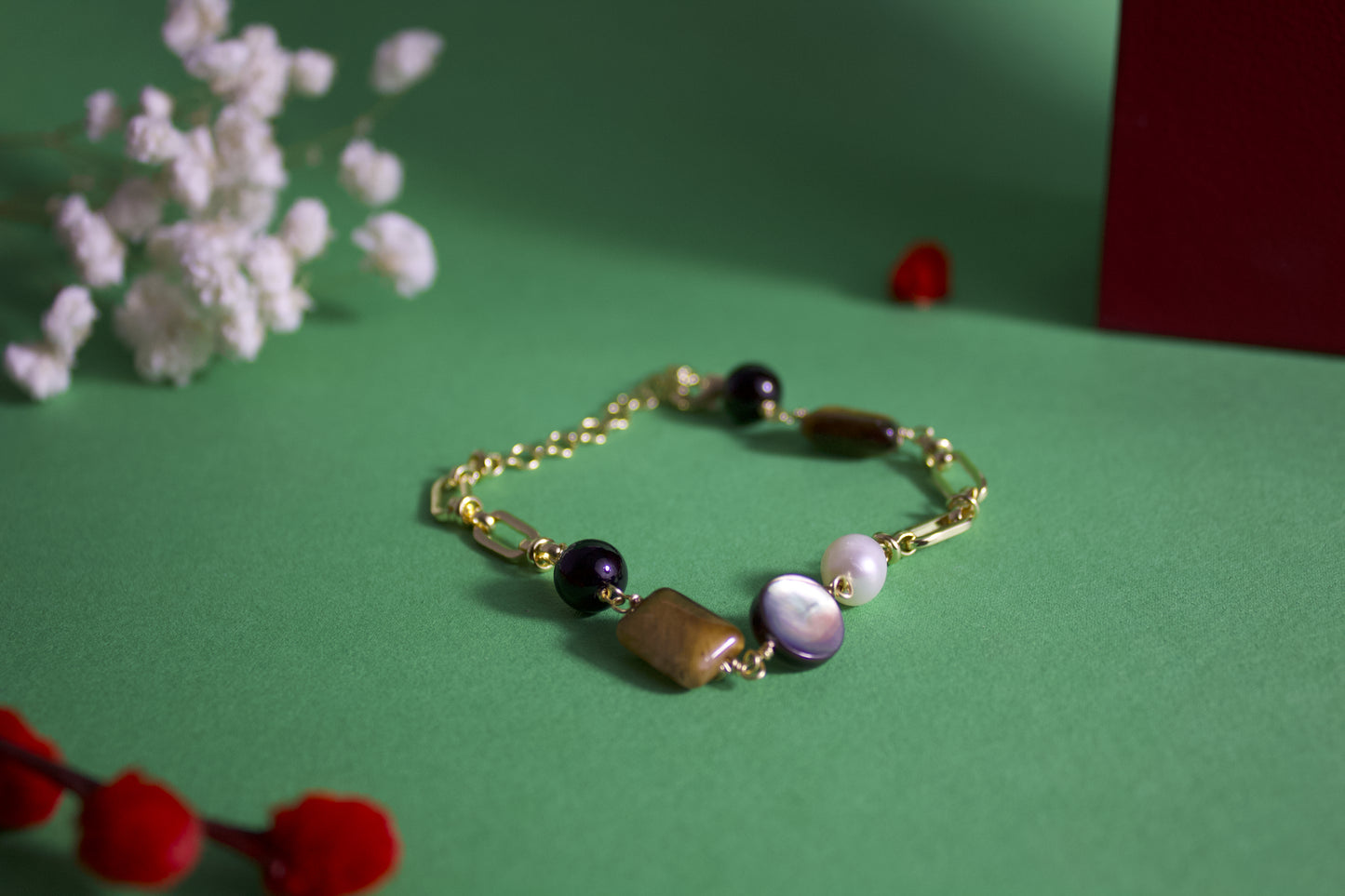 "TingXue" - Tiger’s Eye, Obsidian, Abalone Shell & Pearl Chain-Link Bracelet