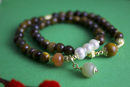 "GuiXun" - Tiger’s Eye, Pearl & Hetian Jade Double-Strand Bracelet
