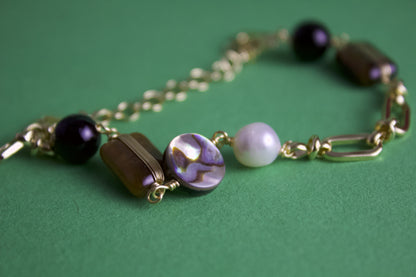 "TingXue" - Tiger’s Eye, Obsidian, Abalone Shell & Pearl Chain-Link Bracelet