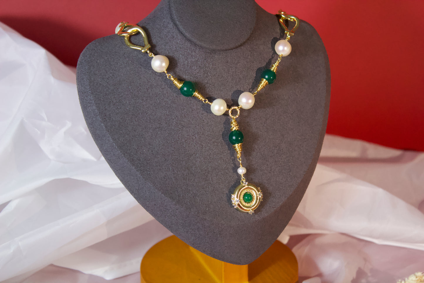 Bi Ying · Green Agate & Pearl Necklace