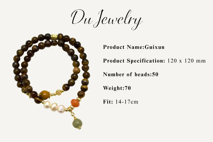 "GuiXun" - Tiger’s Eye, Pearl & Hetian Jade Double-Strand Bracelet
