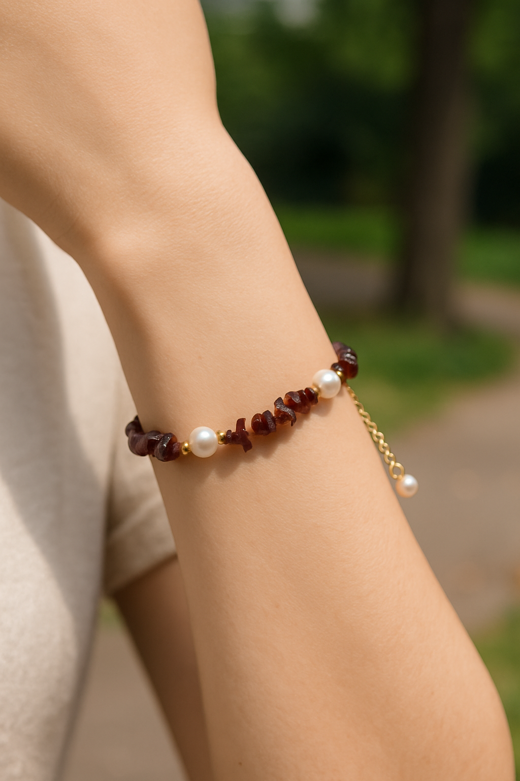 “HongYan" - Garnet & Freshwater Pearl Beaded Bracelet