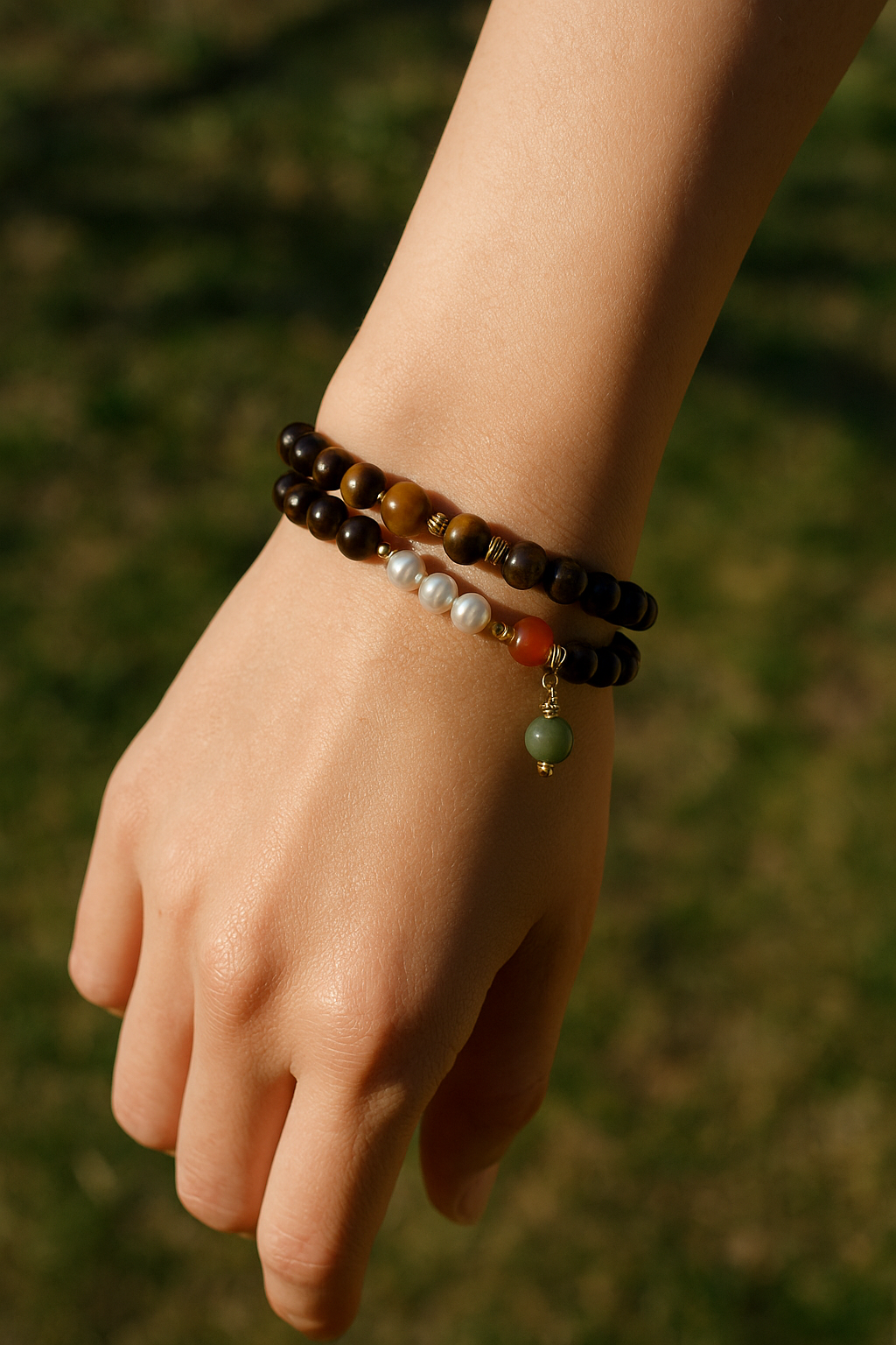 "GuiXun" - Tiger’s Eye, Pearl & Hetian Jade Double-Strand Bracelet